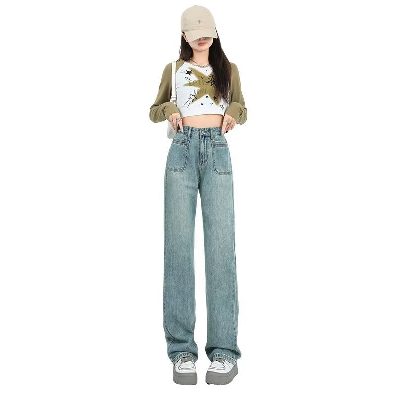 American Retro Wide-leg Jeans for Women Spring & Fall 2024 New Style Small High-waist Slim Loose Straight-leg Floor-length Pants