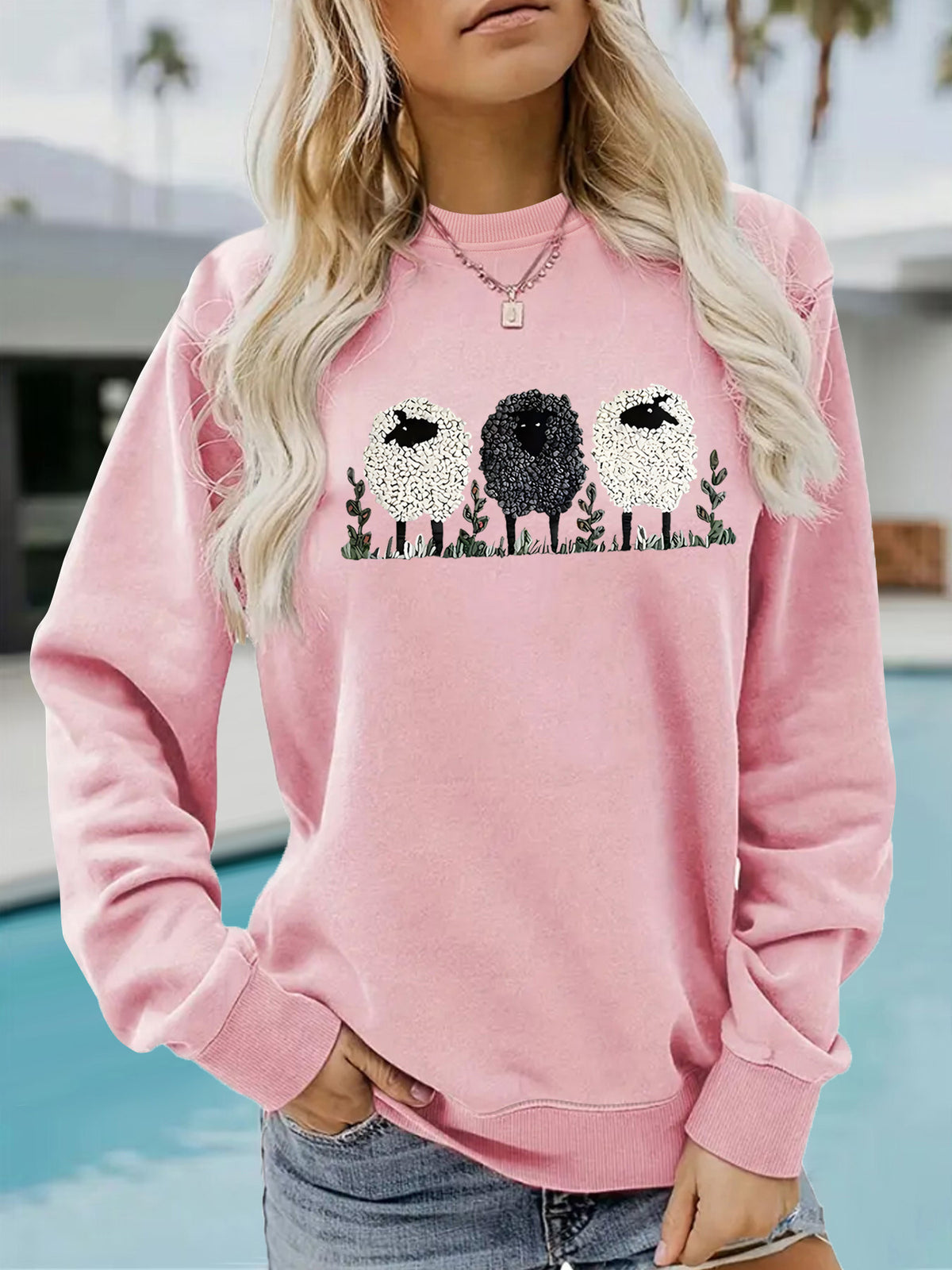 Europe and the United States cross-border autumn and winter women's casual long sleeve crew neck sheep printed pullover sweatshirt sweater wholesale