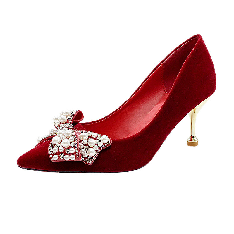 Red Wedding Shoes Women's 2022 New Pearl Bow High Heels Pointed Thick Heel Shoes Xiuhe Shoes Spot Hair