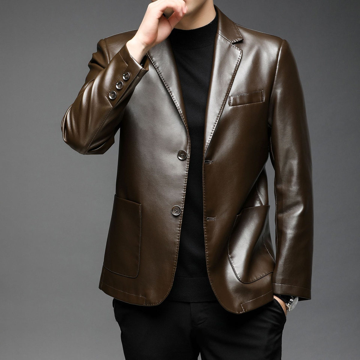 Leather coat men's autumn and winter new men's soft leather suit collar leather coat men's two-button casual leather suit cross-border