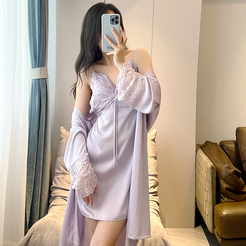 Pajamas Women's Summer Ice Silk Pure Sexy Lace Sling Nightgown Nightgown with Chest Pad Thin Home Clothes Two-piece Set