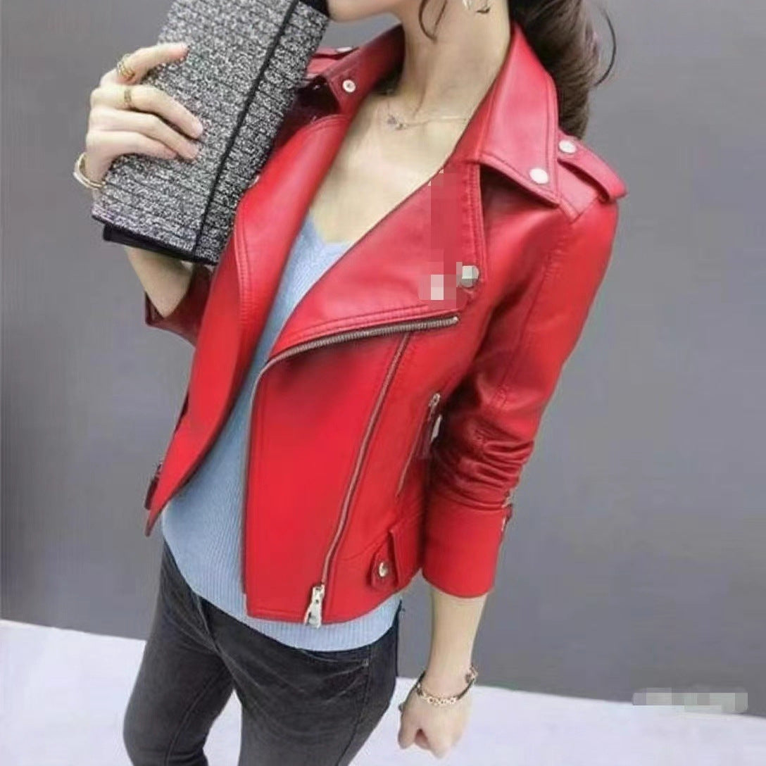 2025 Women's Leather Jacket Autumn Korean Style Slim Fit Motorcycle Pu Leather Casual Versatile Jacket
