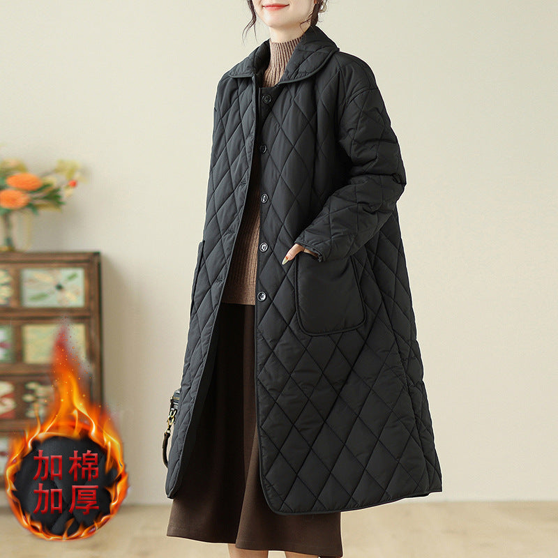 Real shot rhombic over-the-knee cotton-padded jacket women's mid-length loose cotton-padded jacket ins winter clothes slimming all-match cotton-padded jacket