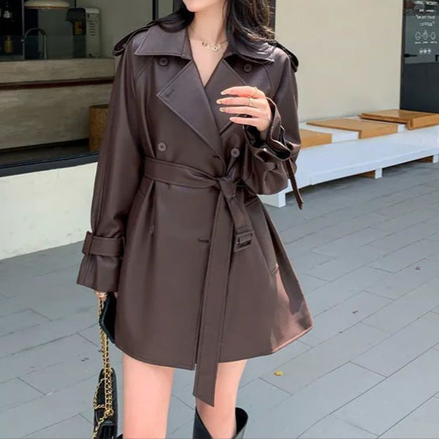 Brown Leather Jacket for Women 2025 Spring New Fashion Petite Leather Jacket Trench Coat Women New Style