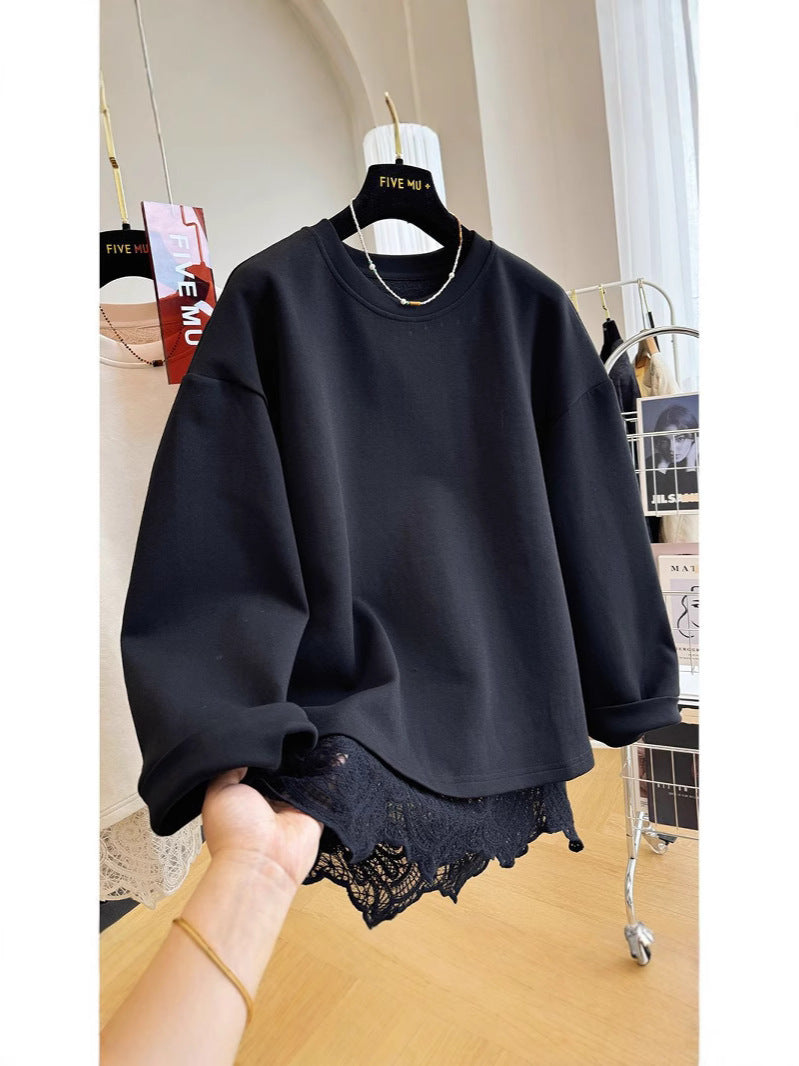 2024 New Lace Stitching Fake Two-piece Pullover Crewneck Sweaters Women's Spring and Autumn Lazy Style American Loose Top