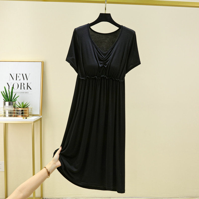 Women's Summer Thin Non-Bra Pajamas with Chest Pad Modal Loose Large Size Short Sleeve V-neck Home Dress
