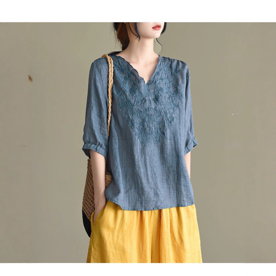Shirt Summer New Style Retro Literary Thin Embroidered Short-Sleeved Cotton and Linen Tops for Women Ethnic Style V-Neck Pure Cotton T-Shirts for Women