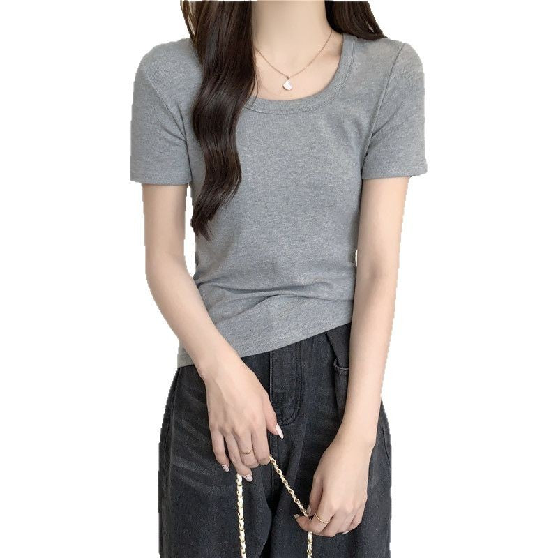 Versatile Ribbed Elastic Short-Sleeve T-Shirt for Women, Summer 2026, Round Neck, Slim Fit, Solid Color Base Shirt Top