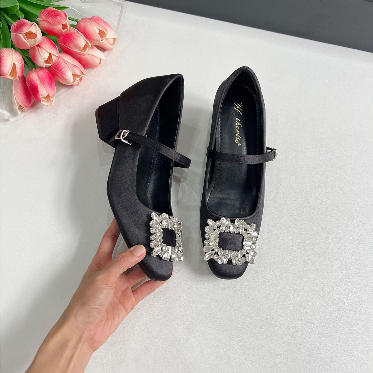Women's Shoes for Small People with Inner Heightening, High-End Rhinestone Square Buckle Thick Heel Satin Mary Jane Shoes, Summer High Heels with Skirts