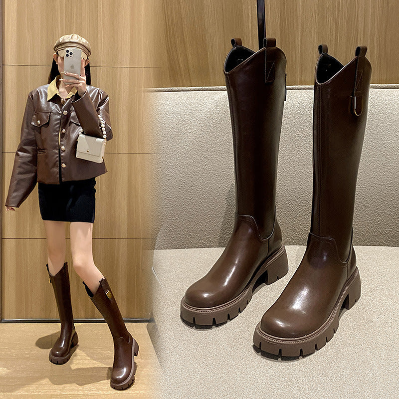 2026 Women's Long Boots for Autumn and Winter, Thick-Soled, Fleece-Lined, Slim-Fit Riding Boots, Black High Boots, Non-Slip