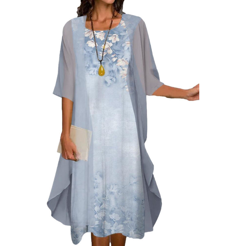 European and American Amazon Summer Women's Casual dress Two-Piece Flower-Print Round Neck Slim-Fit Dress Women