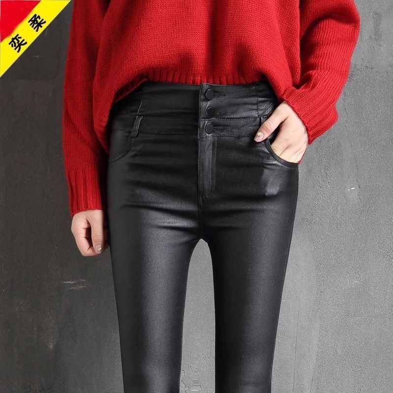 2025 Autumn and Winter High-Waisted Matte Pu Leather Pants for Women to Wear as Outerwear Fleece-Lined Bottoming Coated Leather Pants Slimming Look Pencil Pants for Small Feet