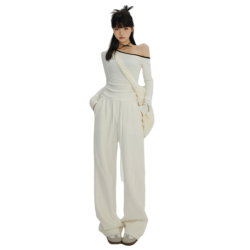 White Wide-Leg Pants for Women, 2025 Autumn and Winter New Style, Fleece-Lined, Thickened, Straight-Leg, Loose, High-Waisted, Slimming, Sporty Casual Pants