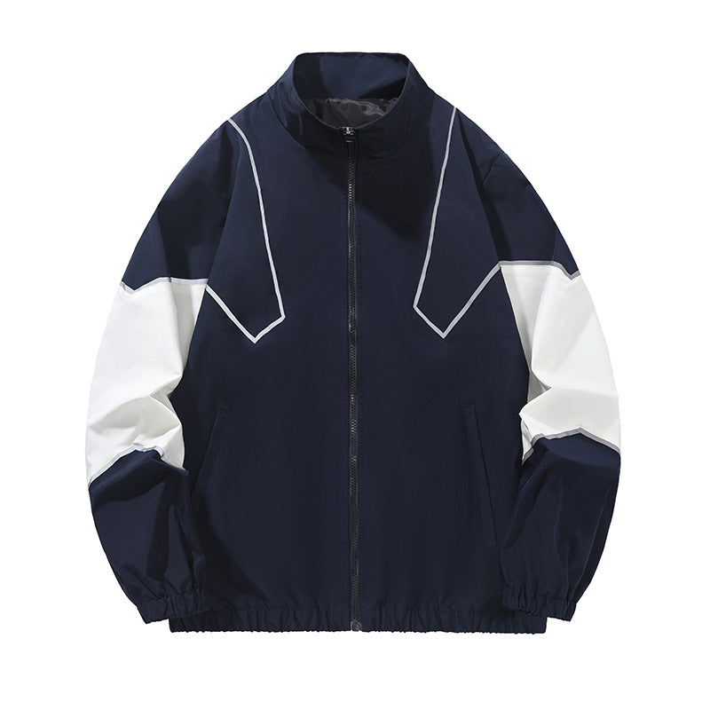 Trendy Brand Reflective Patchwork Stand-Up Collar Jacket Spring and Autumn Loose Sports Casual Jacket for Men