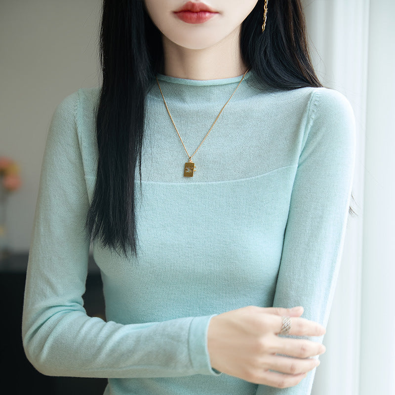 Sweater Women's Autumn and Winter Rolled Edge Half Turtleneck Knitted Sweater Thin Long-Sleeved Knitted Bottoming Shirt Women's Top Cross-Border Sweater