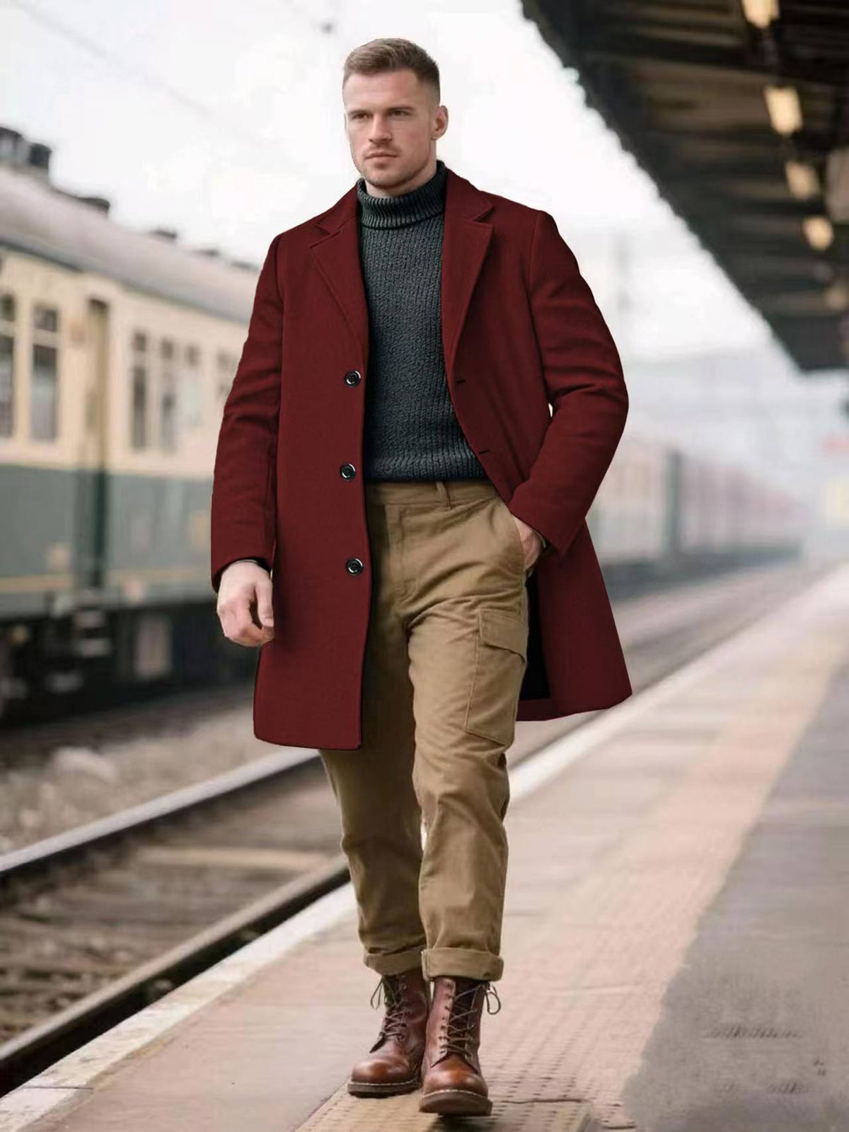 Cross-Border European Sizes Exclusively for European and American Hot-Selling Spring and Autumn Men's Lapel Slim Simple Solid Color Elegant Trench Coat