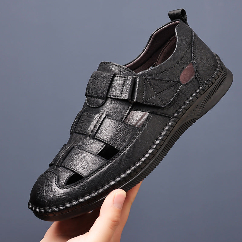 Summer New 2025 Men's Leather Sandals Men's Breathable Soft Sole Anti-slip Hollow-out Leather Sandals for Middle-aged and Elderly Dads
