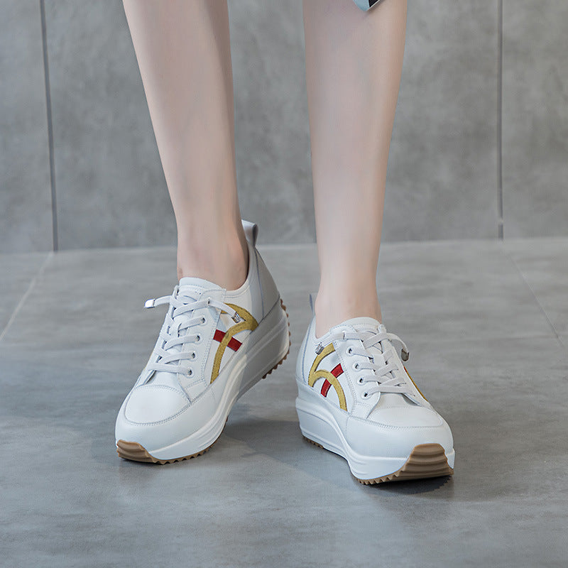 Women's White Sneakers with Hidden Height Increase, 2026 Spring New Casual Sports Shoes, Lightweight Platform Thick-Soled Dad Shoes for Women