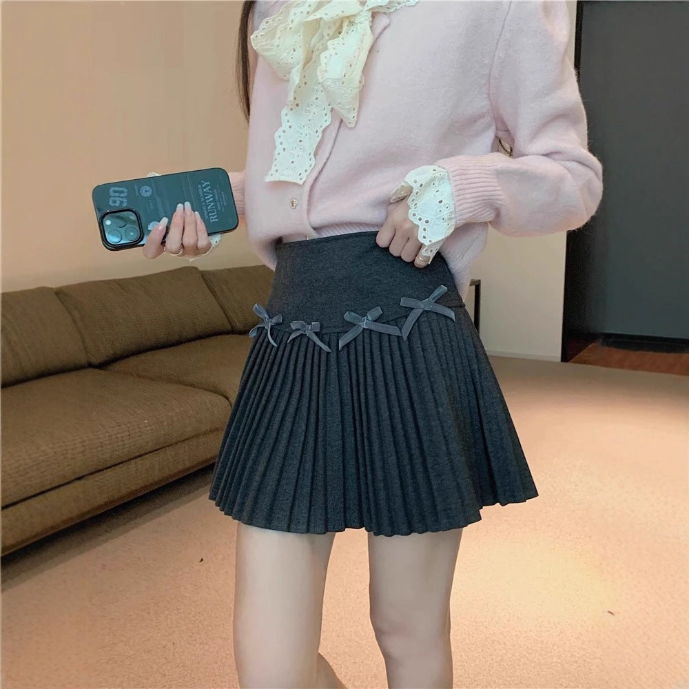 White Skirt, Bow Skirt, Black Pleated Skirt, Women's Early Autumn High-Waisted Slimming Look A-Line Skirt, Woolen Skirt
