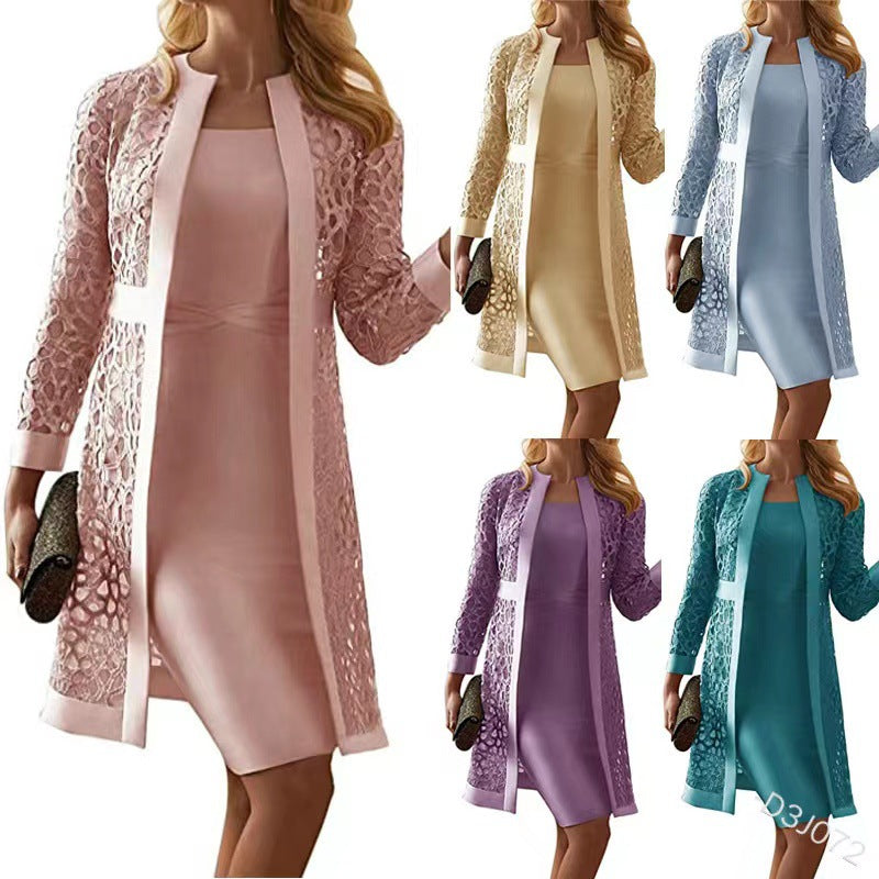 Spot New Women's Color Lace Cardigan Dress Two-Piece Outwear Amazon Wish Export