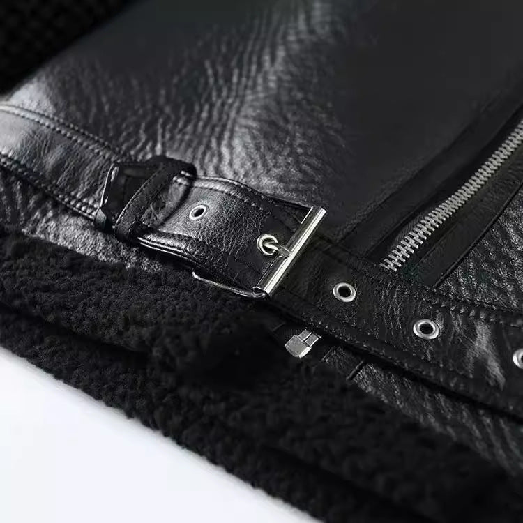 Cross-Border Foreign Trade Women's Clothing in Stock European and American Fashion Fur One-Piece Jacket Thickened Lapel Motorcycle Women's Leather Jacket