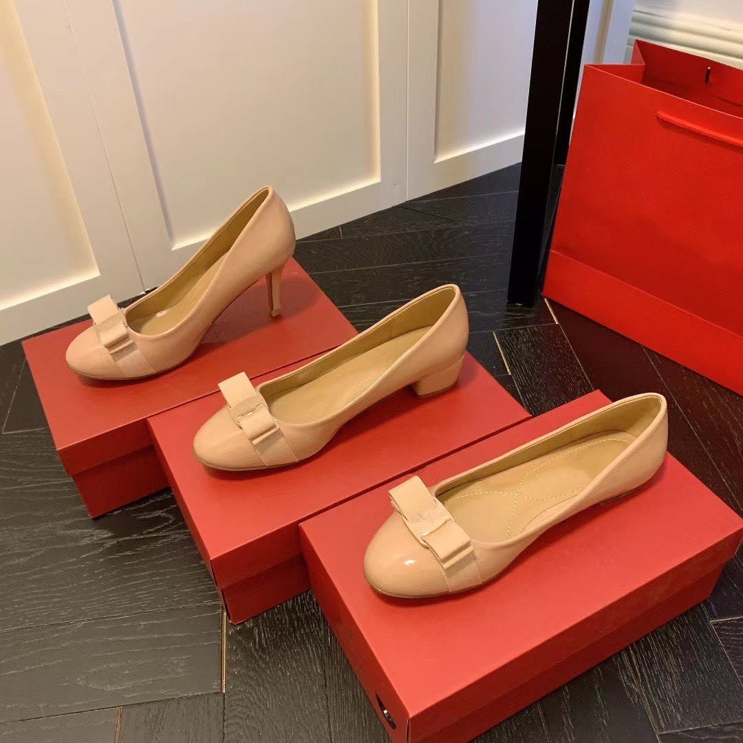 High Version Spring New Style Small Red Shoes Round Toe Comfortable Bow Shoes Thick Heel Flat Patent Leather French Women's Wedding Shoes