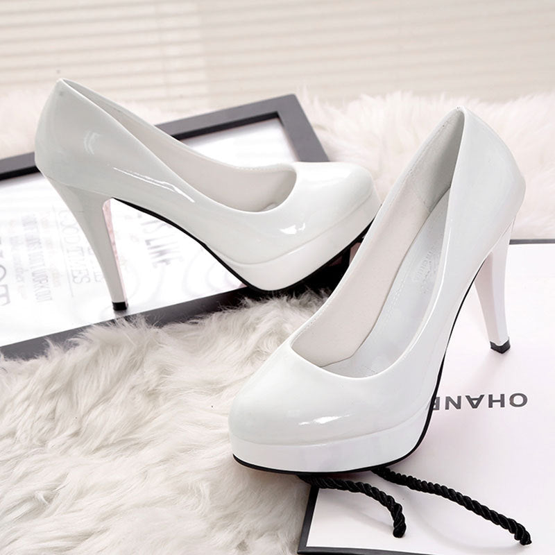 White High Heels, Feminine French Stiletto Heels, Shallow Mouth Waterproof Platform Round Toe Shoes, Red Patent Leather Professional Shoes for Women