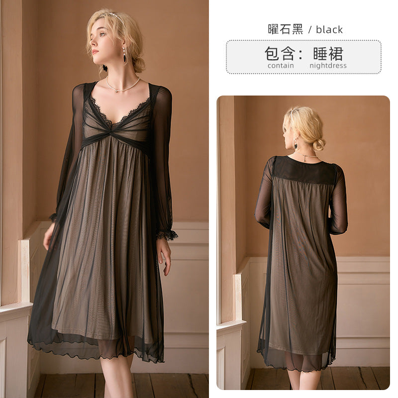 All-Season Long-Style High-End Sexy Pajamas Made of Modal with a Dreamy Sheer Mesh Overlay and Comfortable Chest Pads