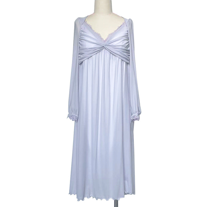 All-Season Long-Style High-End Sexy Pajamas Made of Modal with a Dreamy Sheer Mesh Overlay and Comfortable Chest Pads