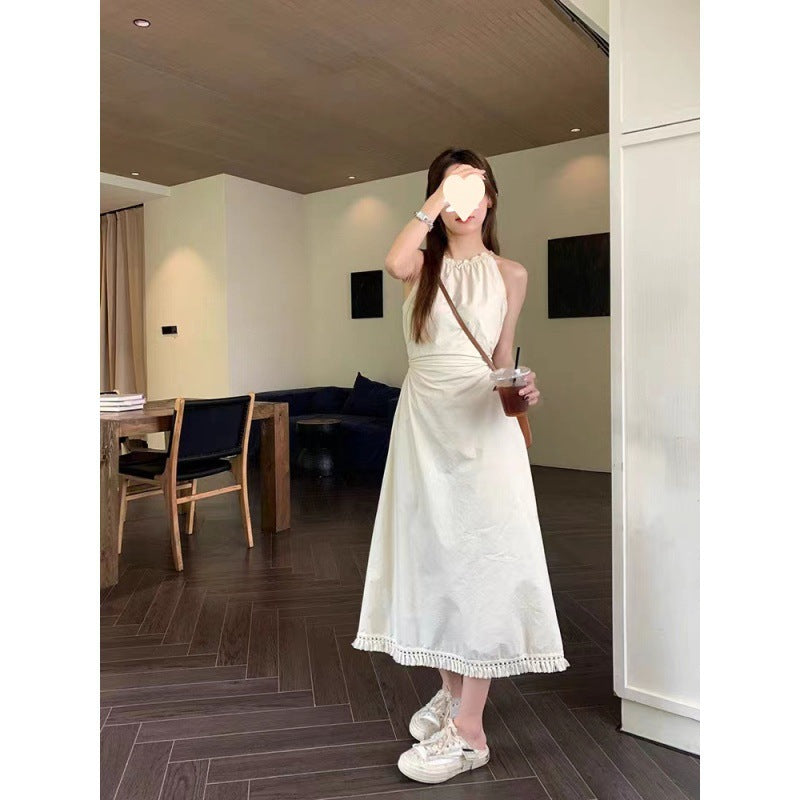 Designed Cut Out Waistless Halterneck Suspender Dress for Women Summer Lace-Up Waist Slimming Holiday Style Tassel Mid-Length Skirt