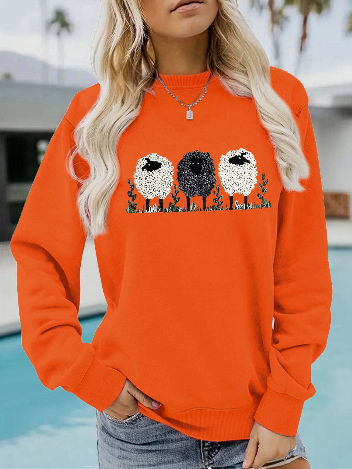 Europe and the United States cross-border autumn and winter women's casual long sleeve crew neck sheep printed pullover sweatshirt sweater wholesale