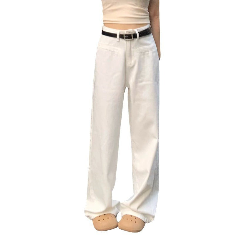 White Drapey Wide-Leg Jeans for Women, Loose Summer New High-Waisted Design Straight Pants, Slimming Floor-Length Pants