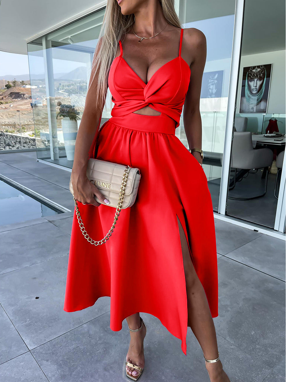 suspenders V-neck large pendulum dress slim-fit backless mid-length dress