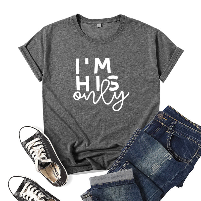 in stock Foreign Trade Cross-border I 'M HER ONE Couple Valentine's Day Printed Short-sleeved Crewneck T-shirt European and American Men and Women