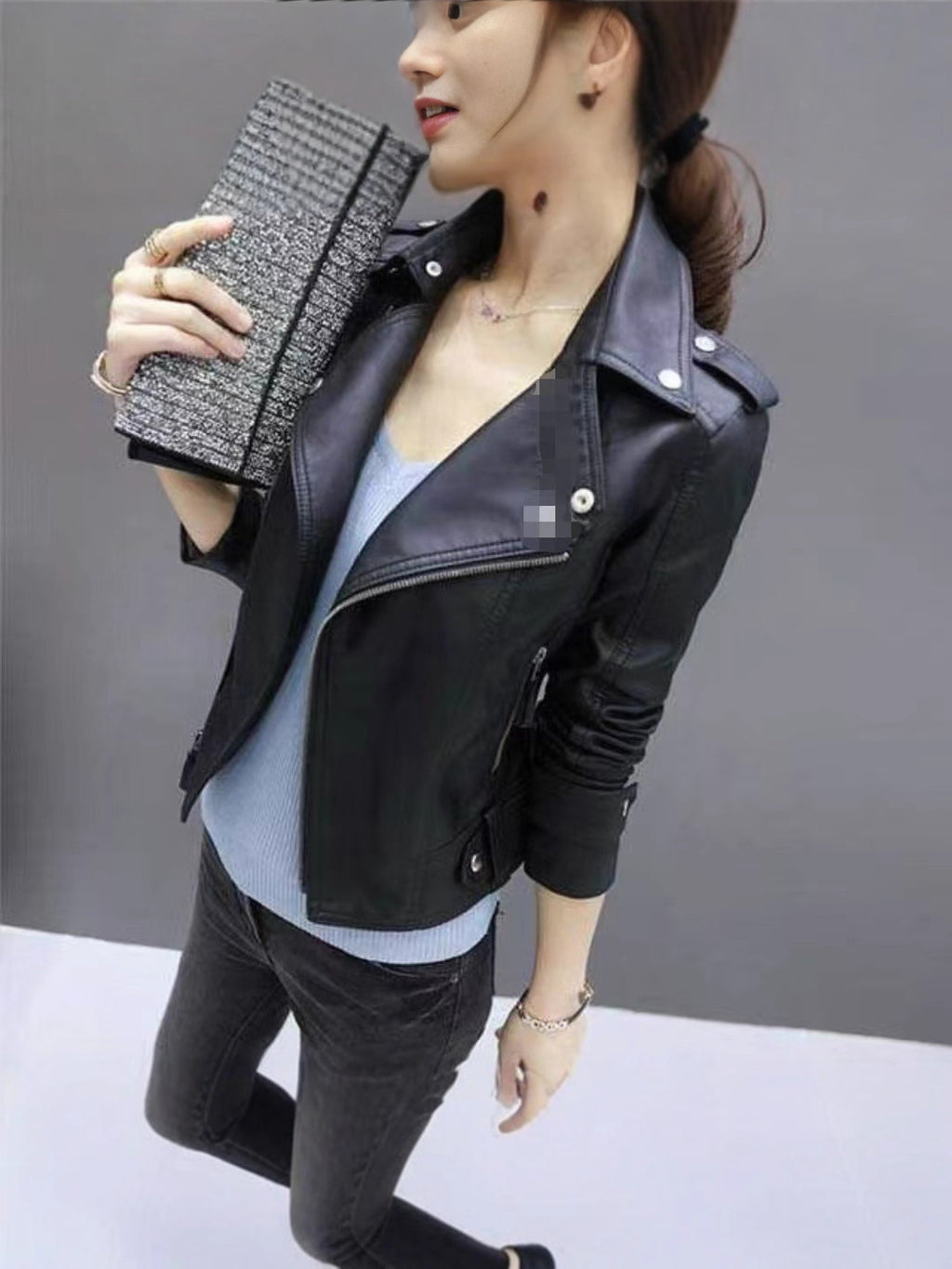 2025 Women's Leather Jacket Autumn Korean Style Slim Fit Motorcycle Pu Leather Casual Versatile Jacket