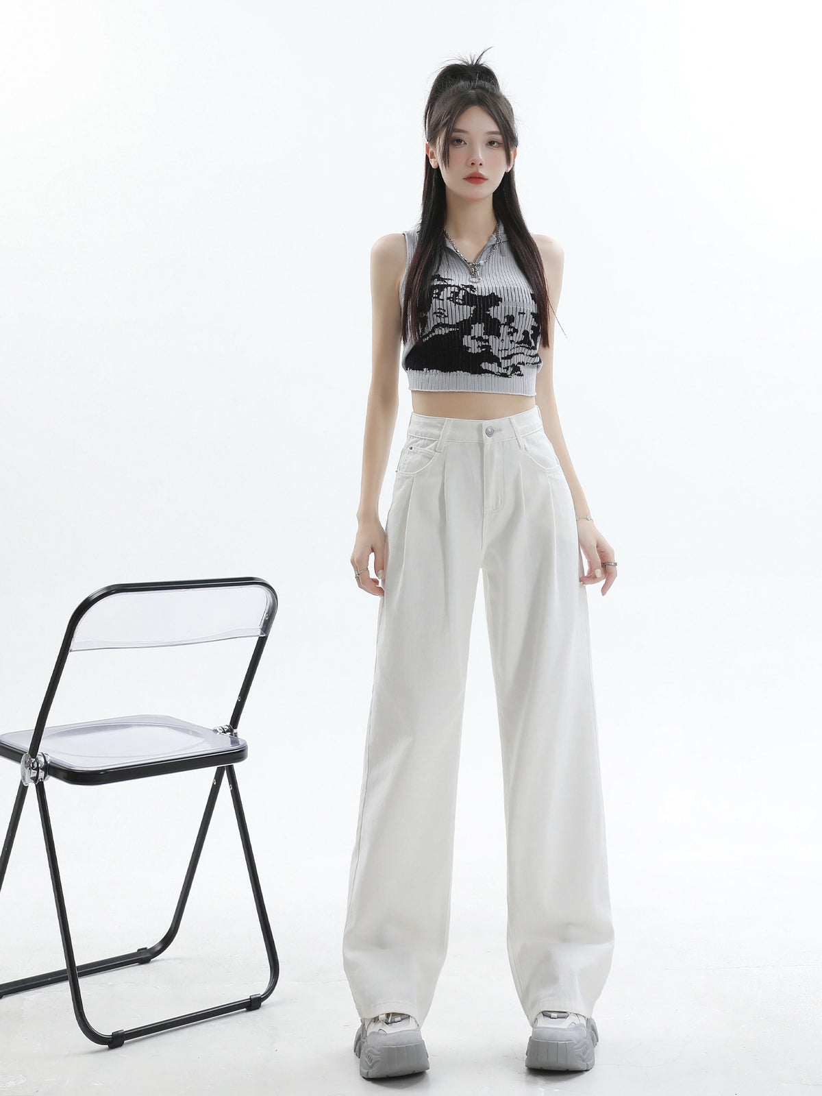 Spring 2025 New White Pleated Design Wide-leg Jeans Women's Loose Slimming All-match Simple Drape Straight