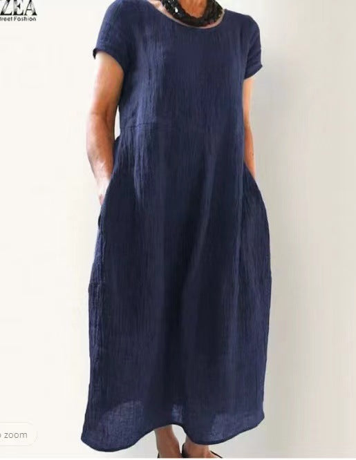 cross-border European and American dress new Chinese style loose solid color large size cotton and linen dress