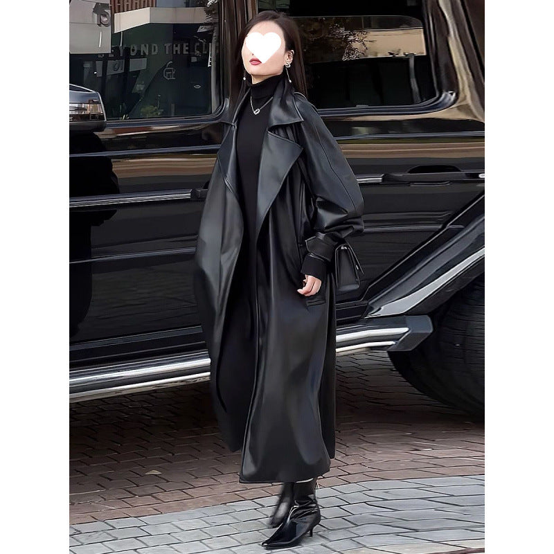 Down jacket leather clothing fashion temperament long knee leather clothing 24 coat new loose windbreaker autumn and winter explosions