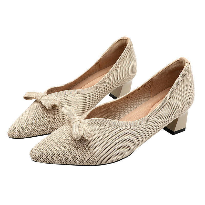 girls Fairy High Heels 2024 Spring and Autumn New Korean Style All-match Chunky Heel High Heel Commuter Women's Shoes Knitted Shoes Single-layer Shoes for Women