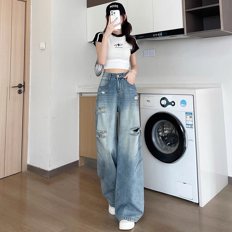 Ripped Straight-Leg Jeans for Women, Summer 2025 New High-Waisted Leg-Covering Style, Trendy American-Style Wide-Leg Pants for Hot Girls
