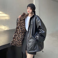Double Face Wear Leopard Print Thickened Plush Coat Women's Winter New Hong Kong Style Retro PU Leather Coat Student Cotton-padded Jacket Fashionable