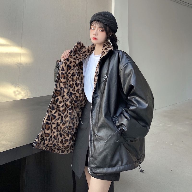 Double Face Wear Leopard Print Thickened Plush Coat Women's Winter New Hong Kong Style Retro PU Leather Coat Student Cotton-padded Jacket Fashionable