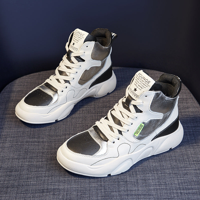 Genuine Leather High-Top Sneakers for Women 2025 Spring White Shoes for Women Korean Style Breathable Casual Sports Sneakers for Women Comfortable