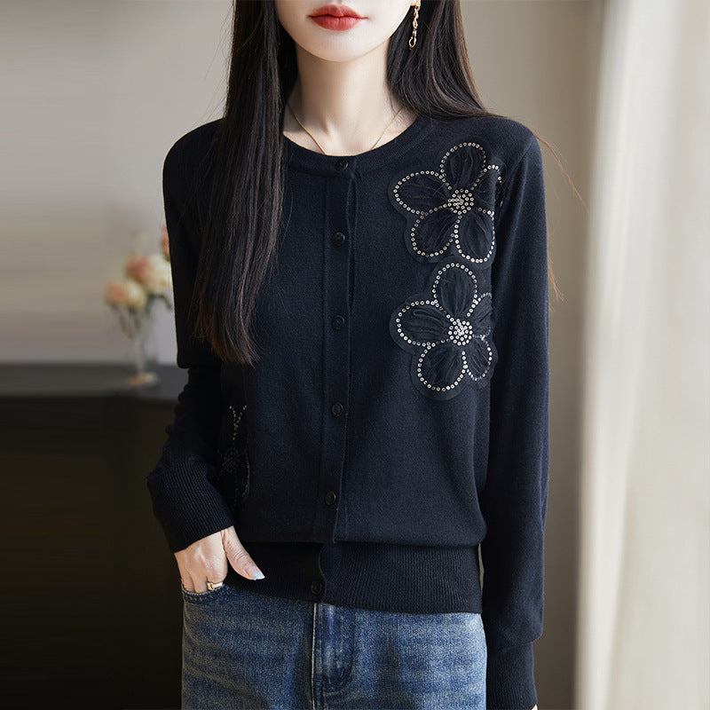 Spring and Autumn New Women's Worsted Wool Knitted Sweater Round Neck Three-dimensional Flower Knitted Cardigan Fashion Sweater Coat Top