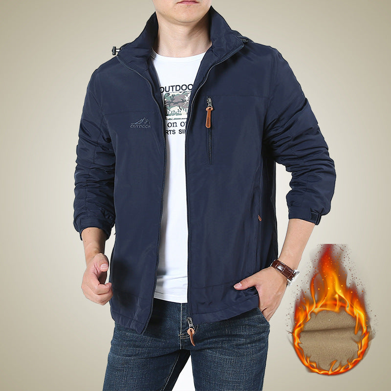 Men's Autumn and Winter Jacket Hooded Business Casual Velvet Thickened Top Waterproof Young and Middle-Aged Hooded Windbreaker Jacket