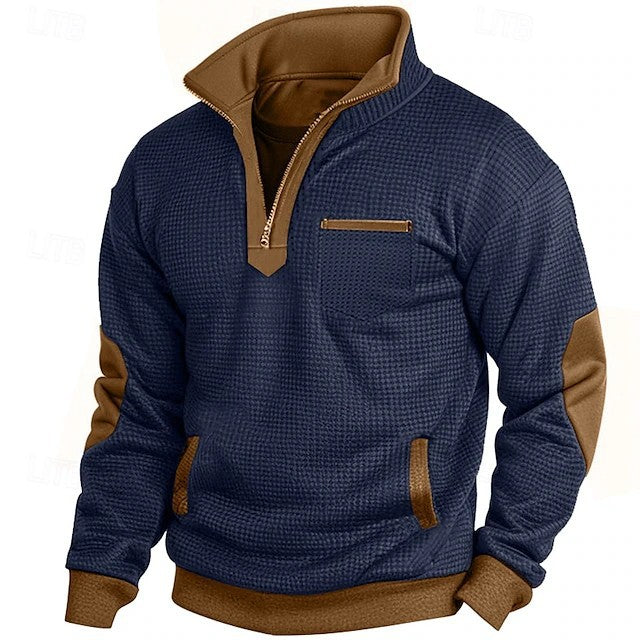 Cross-Border European and American Autumn and Winter Retro Men's Retro Waffle Contrast Pocket Zipper Stand Collar Sweatshirt Long-Sleeved Sweatshirt