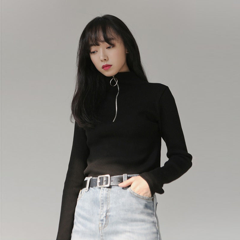 Spring sweater women's semi-high collar ring zipper slim outer wear long sleeve middle collar base sweater sweater top wholesale