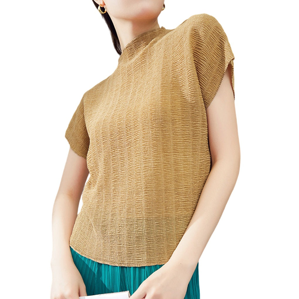 Short-sleeved T-shirt Women's Summer New Clothes All-match High-grade Western-style Small Shirt Unique Chic Pleated Top Thin Women
