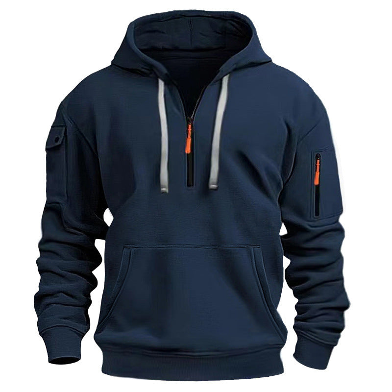 Casual Pullover Sweatshirt with Multiple Zipper Arm Pockets for Autumn and Winter, Large Size, Fleece-Lined Hoodie for Men