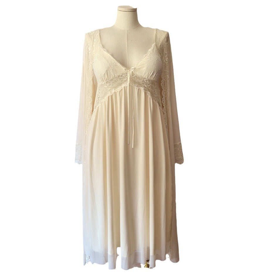 1510 Summer chubby girl plus size Pajamas Women 200 Jin Sexy Lace V-Neck Sling with Chest Pad Two-Piece Long Nightgown